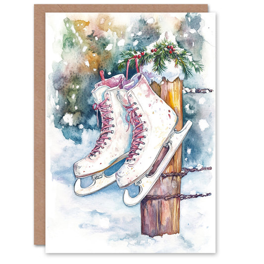 Hanging Ice Skates Winter Snow Christmas Card