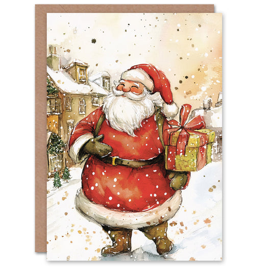 Jolly Santa Claus With Present Festive Xmas Christmas Card