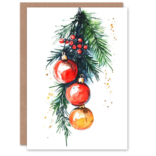 Holly Pine Tree Baubles Holiday Festive Christmas Card