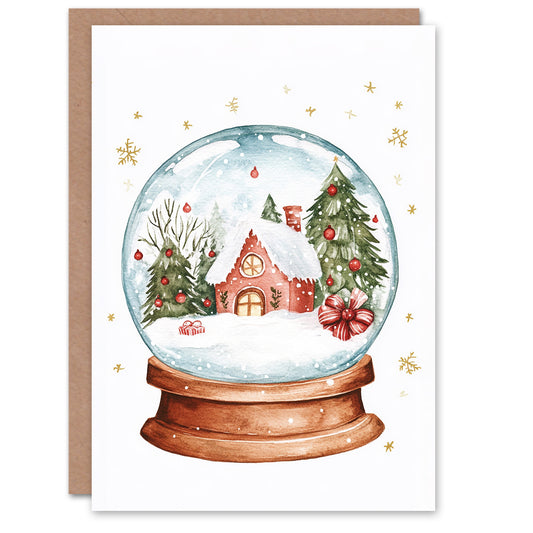 Winter Cabin Decorated Trees Snow Globe Festive Christmas Card