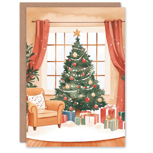 Festive Living Room Decorated Tree Presents Christmas Card