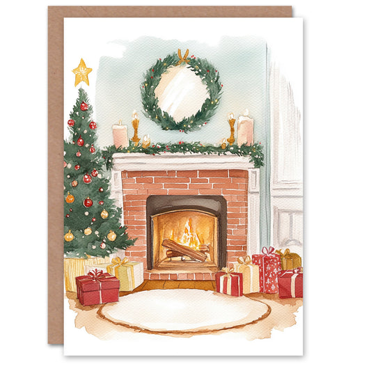 Brick Fireplace Presents Tree Wreath Festive Christmas Card