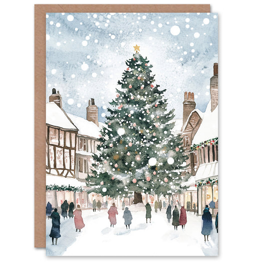 English Town Square Decorated Tree Festive Christmas Card