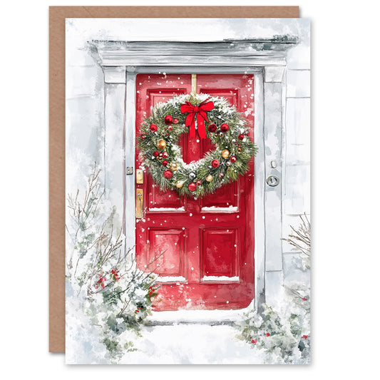 Snow Covered Bauble Wreath Red Door Festive Christmas Card