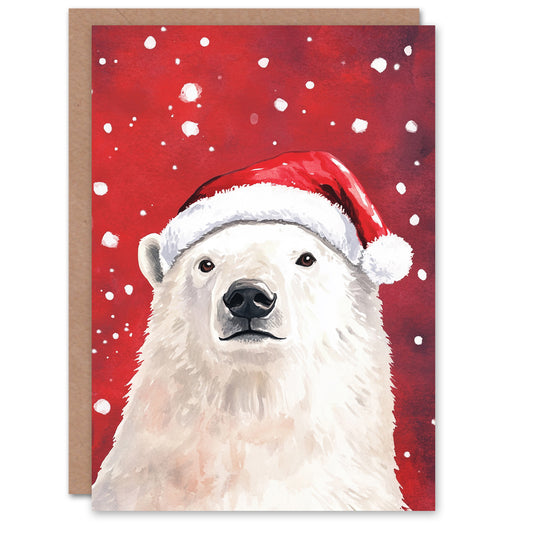 Santa Hat Polar Bear in Snow Festive Xmas Christmas Card