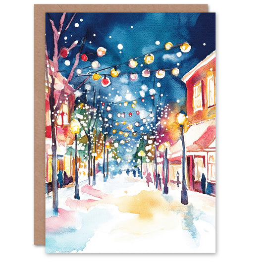 Fairy Lights Decorated City Street Festive Christmas Card