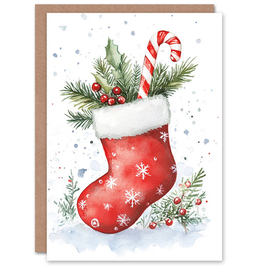 Stocking With Candy Cane Holly Festive Xmas Christmas Card