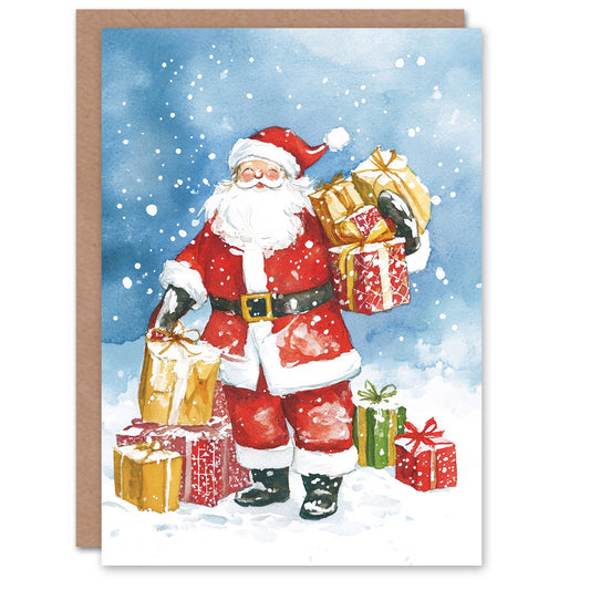 Jolly Santa Claus Carrying Gifts Presents Festive Christmas Card