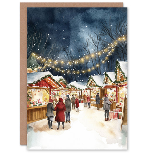 Busy Festive Market Stalls Winter Night Christmas Card