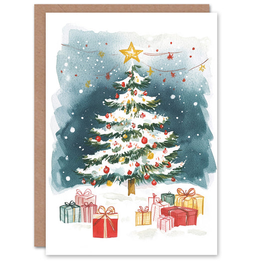 Snowy Decorated Tree with Presents Fun Festive Christmas Card