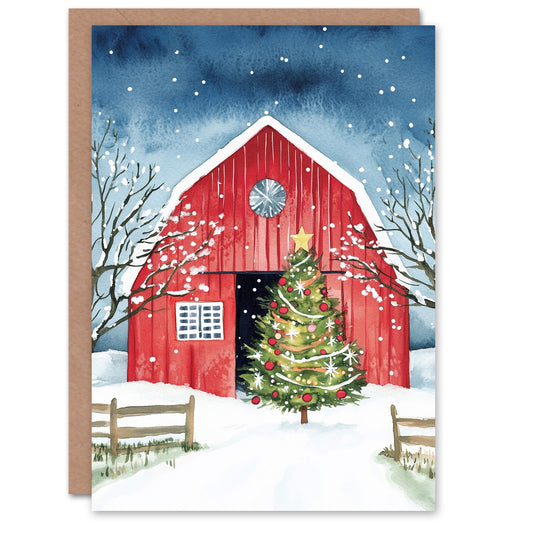 Barn Decorated Tree Winter Landscape Christmas Card