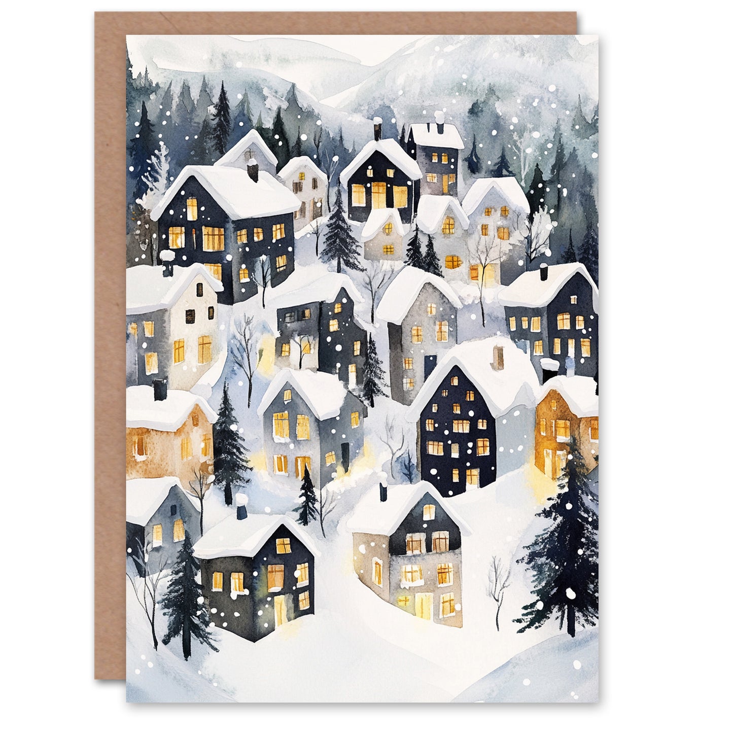 Snow Capped Rooftops Winter Alpine Fun Festive Christmas Card