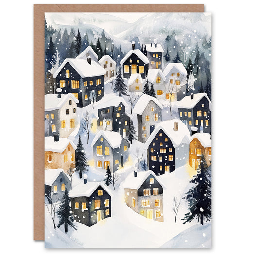 Snow Capped Rooftops Winter Alpine Fun Festive Christmas Card