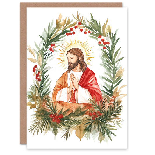 Jesus Christ Pine Leaf Holly Wreath Christmas Card