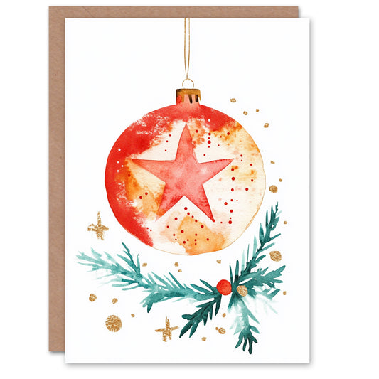Bauble With Star Ornament And Holly Christmas Card