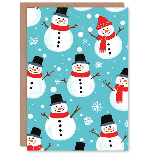 Cute Snowman and Snowflake Pattern Blue Christmas Card