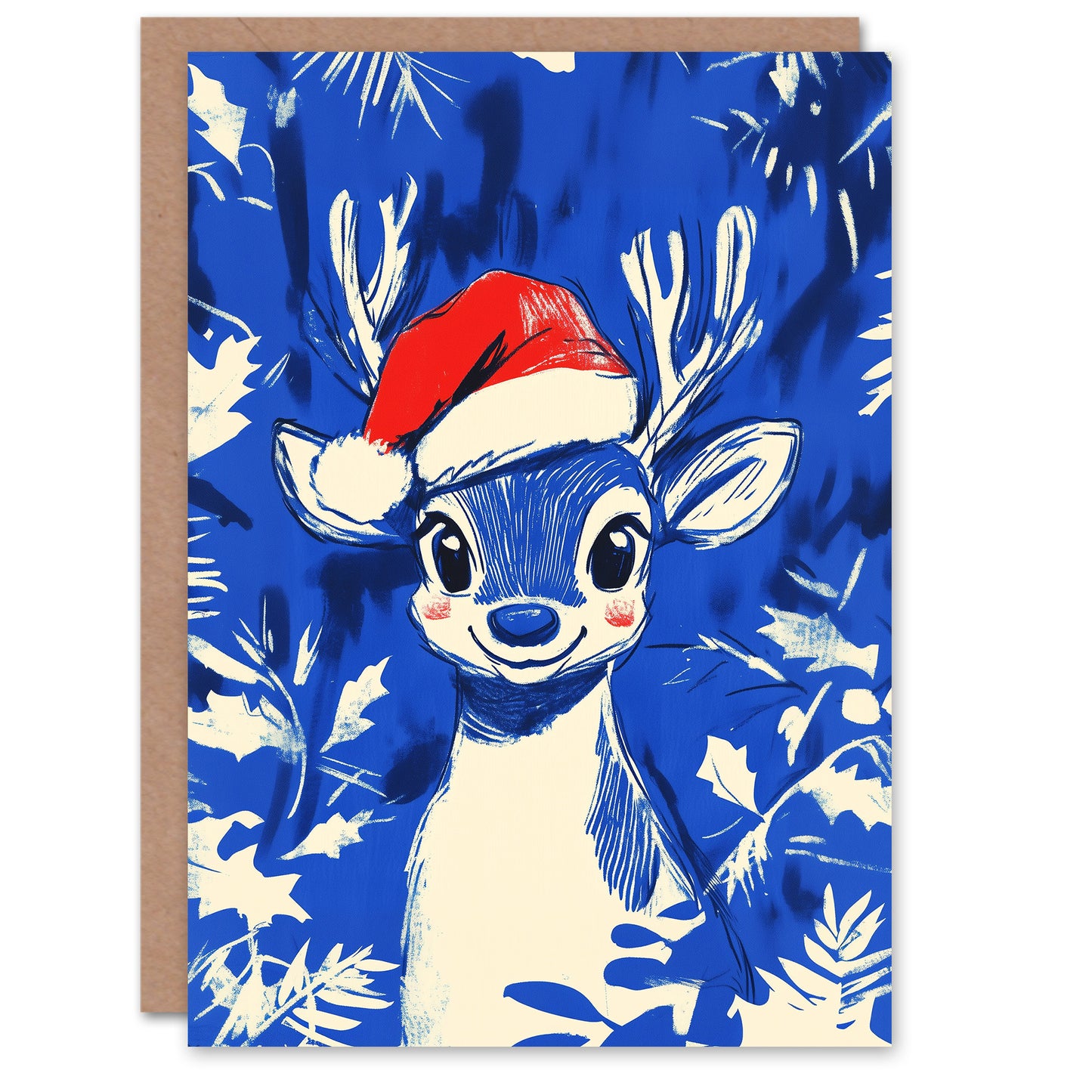 Cute Baby Reindeer Santa Hat Holly Blue Xmas Festive Christmas Card