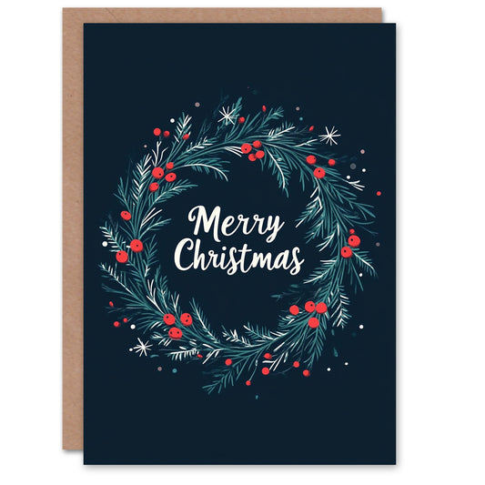 Holly Pine Tree Wreath Blue Festive Xmas Christmas Card