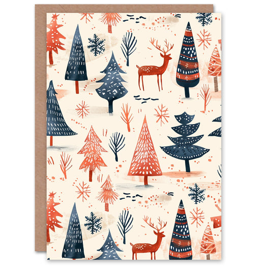 Winter Forest Trees Reindeer Snow Folk Art Festive Christmas Card