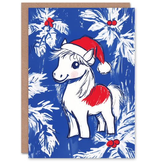 Cute Shetland Pony Santa Hat Holly Blue Fun Festive Christmas Card