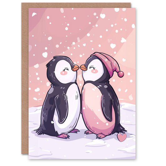 Cute Penguin Couple Winter Love Cartoon Christmas Card