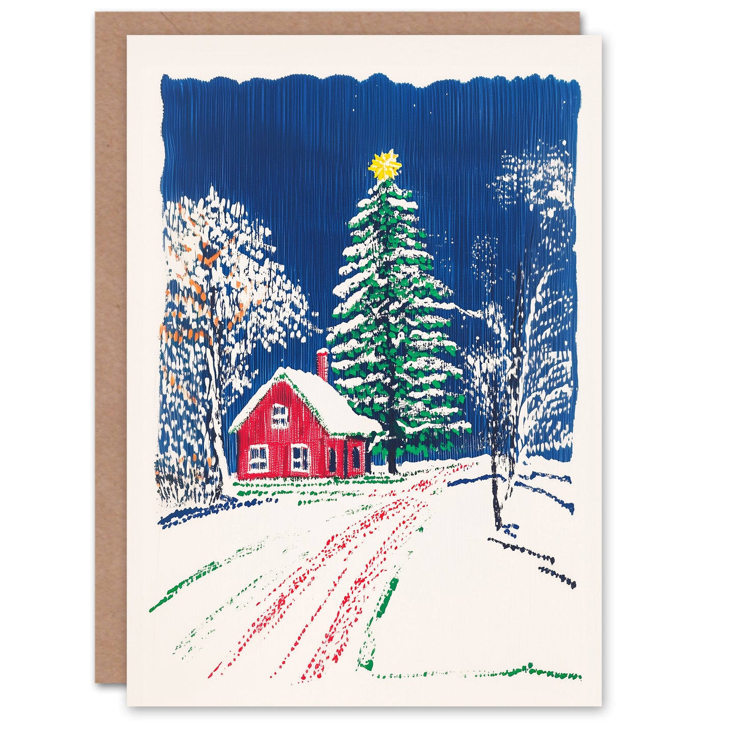 Scandinavia Red Cottage Tree Winter Festive Xmas Christmas Card
