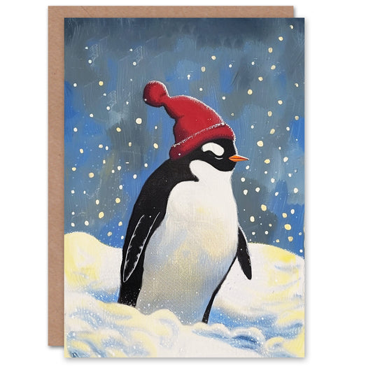 Cute Penguin Winter Hat Snow Painting Christmas Card
