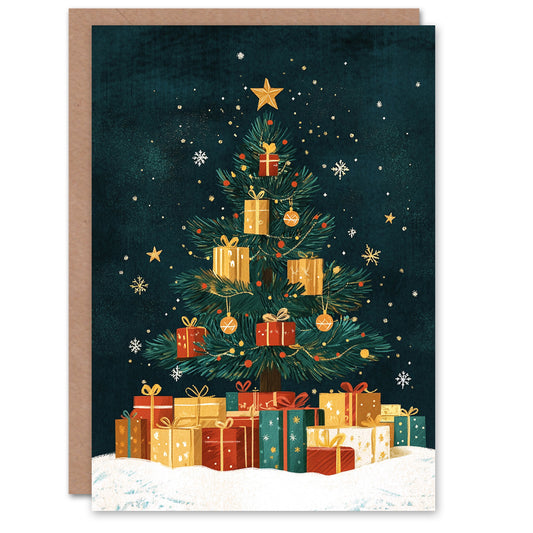 Decorated Tree Presents Baubles Folk Art Festive Christmas Card