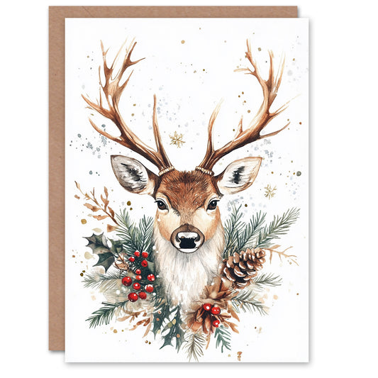 Reindeer Head and Pine Cone Holly Xmas Christmas Card