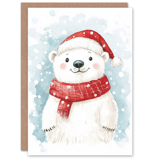Cute Polar Bear With Santa Hat and Scarf Christmas Card