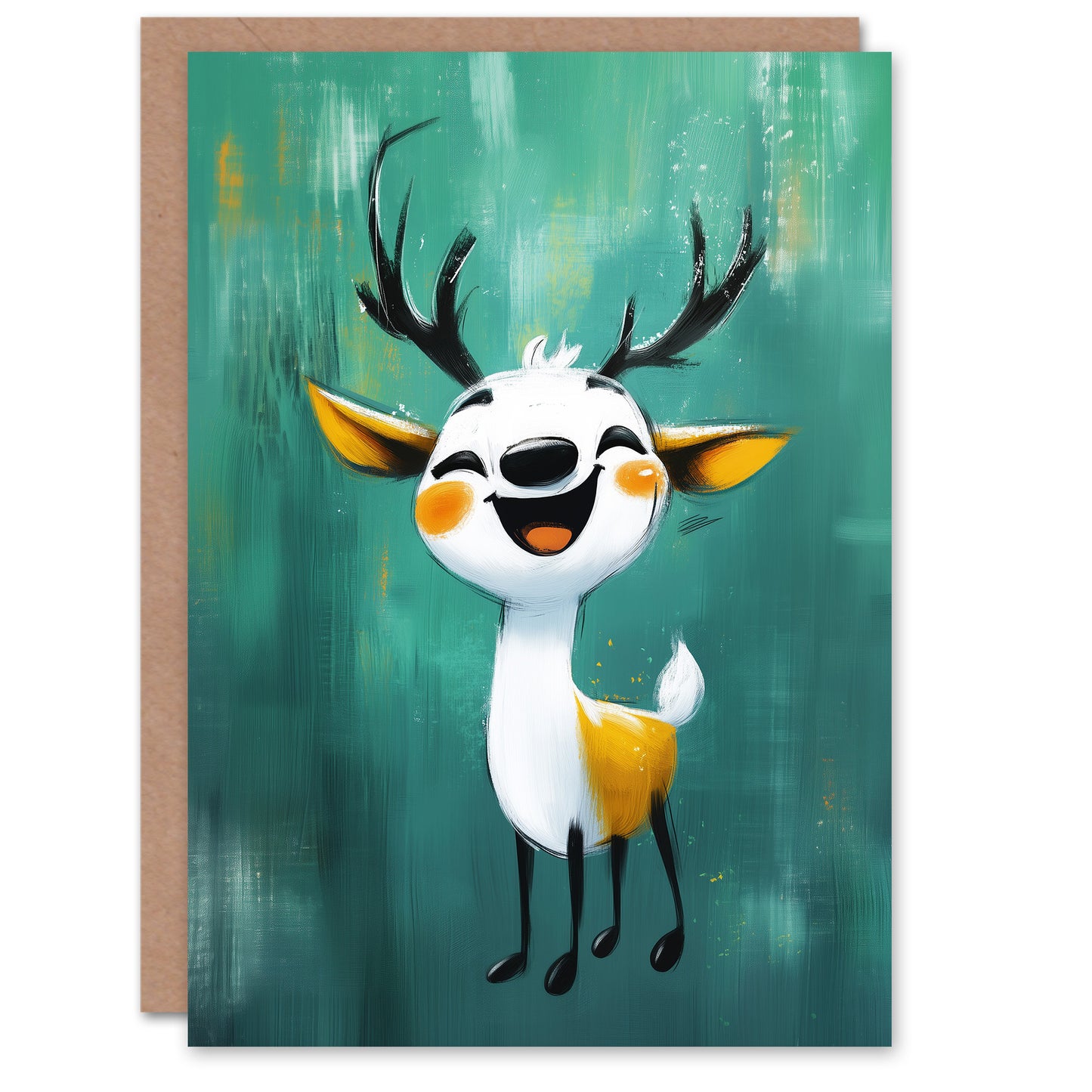 Cute Happy Reindeer Cartoon Painting Fun Christmas Card