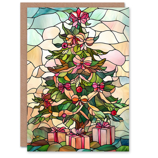 Stained Glass Decorated Tree with Presents Festive Christmas Card