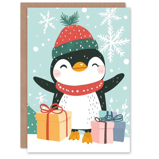 Happy Penguin With Winter Hat And Presents Christmas Card