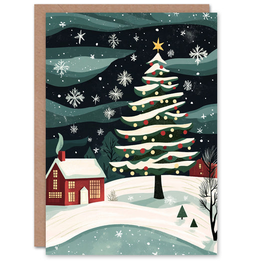 Decorated Tree by Winter Cottage Folk Art Festive Christmas Card