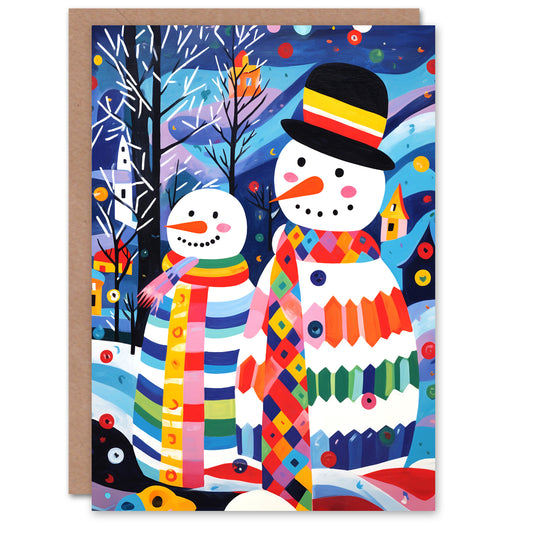 Snowman Couple Colourful Folk Art Fun Festive Christmas Card