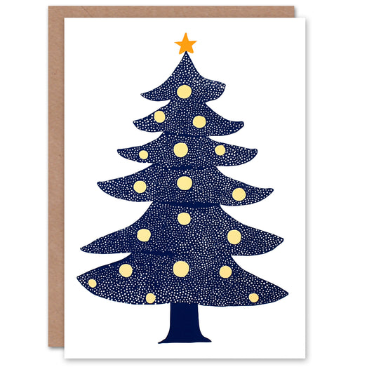Decorated Tree Polka Dot Folk Art Blue Orange Christmas Card