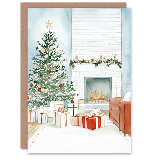 Decorated Fireplace Tree Presents Watercolour Christmas Card