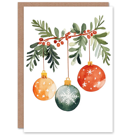 Three Hanging Ornaments Baubles Watercolour Christmas Card