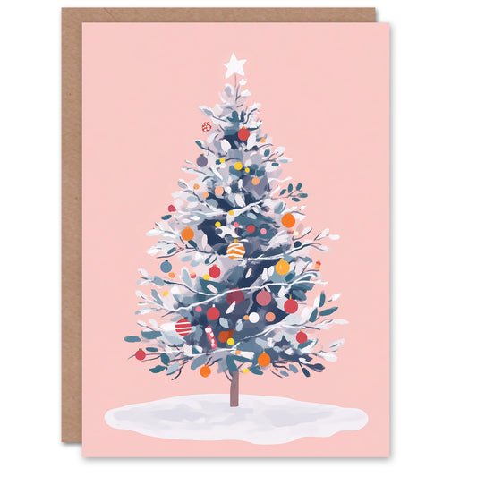 Snow Laden Decorated Tree on Pastel Pink Festive Christmas Card