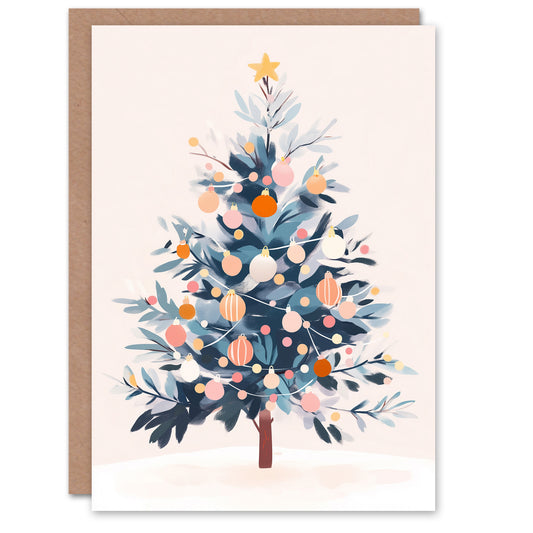 Decorated Tree Pink Orange Baubles Fairy Lights Christmas Card