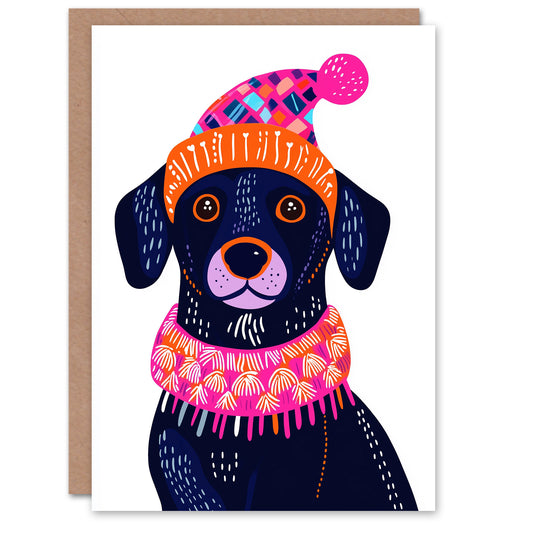 Dog Lover Pet Vibrant Winter Hat Scarf Folk Art Christmas Card