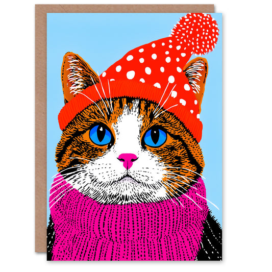 Tabby Red Winter Hat Pink Scarf Ginger Cat Lover Christmas Card