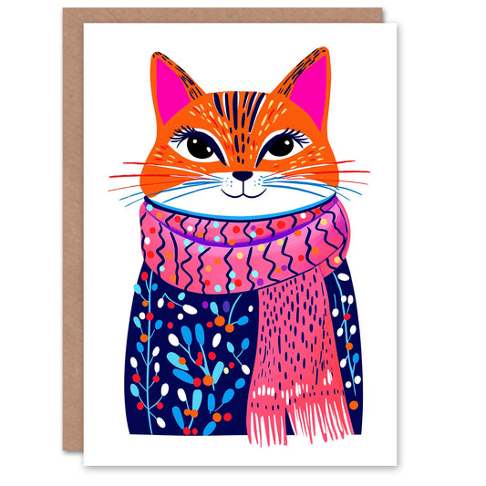 Tabby Winter Floral Jumper Pink Scarf Cat Lover Christmas Card
