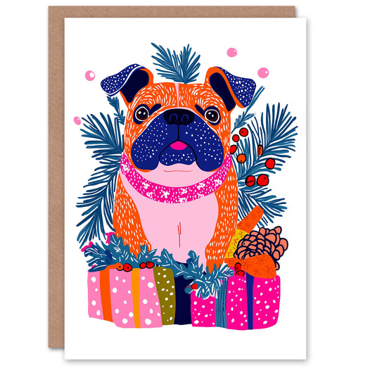 Dog Lover Cute Pug with Presents Vibrant Modern Festive Christmas Card
