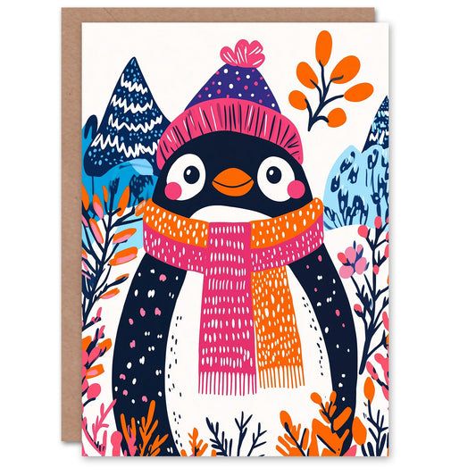 Cute Penguin Winter Hat Scarf Vibrant Cartoon Christmas Card