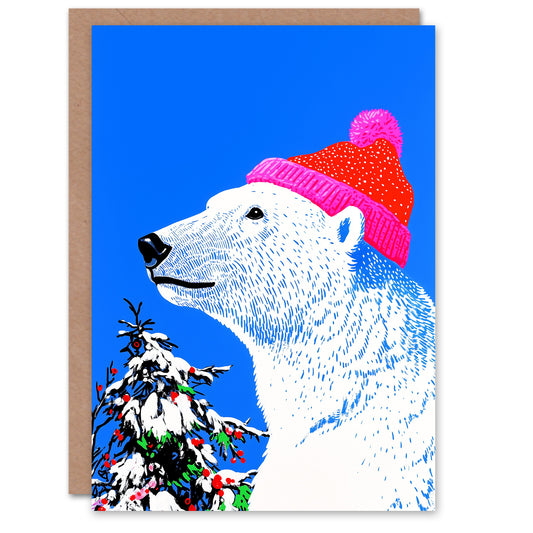 Winter Hat Polar Bear Snow Laden Decorated Tree Christmas Card