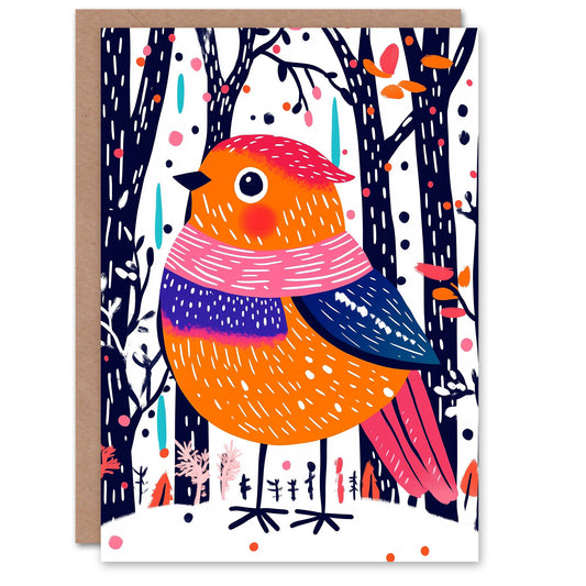 Cute Robin Bird Pink Scarf Winter Forest Folk Art Christmas Card