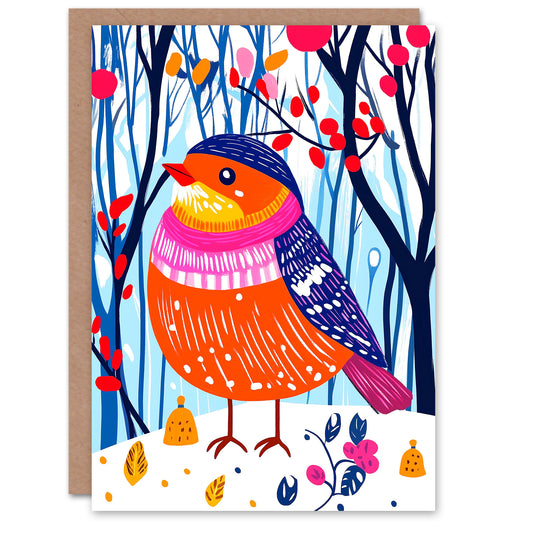 Cute Robin Bird Winter Hat Forest Snow Folk Art Christmas Card
