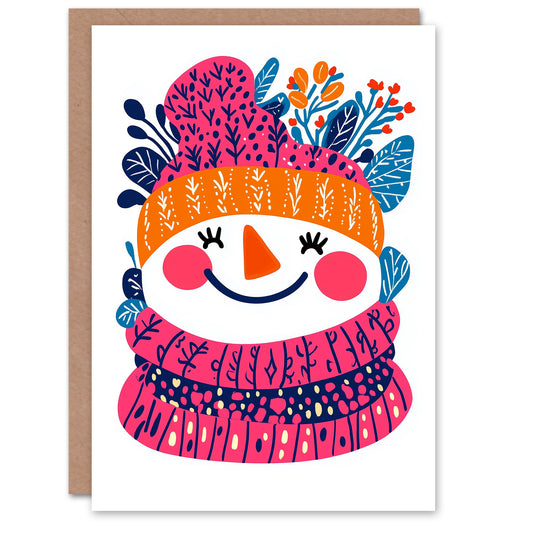Cute Smiling Snowman Pink Orange Modern Folk Art Christmas Card