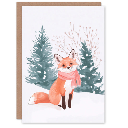 Cute Red Fox Pink Winter Scarf Snow Forest Festive Christmas Card